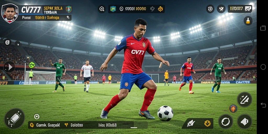 Screenshot gameplay CV777 menunjukkan aksi seru di lapangan sepak bola.