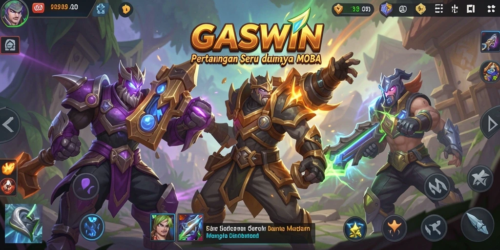 Screenshot utama GASWIN menampilkan aksi intense dalam permainan MOBA.