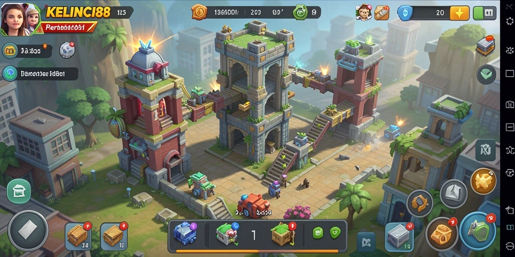 Visual gameplay KELINCI88 yang menampilkan menara pertahanan melawan gelombang musuh.