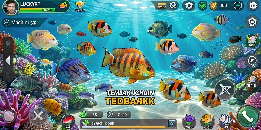 Screenshot LUCKYRP menunjukkan aksi seru menembak ikan di bawah laut.