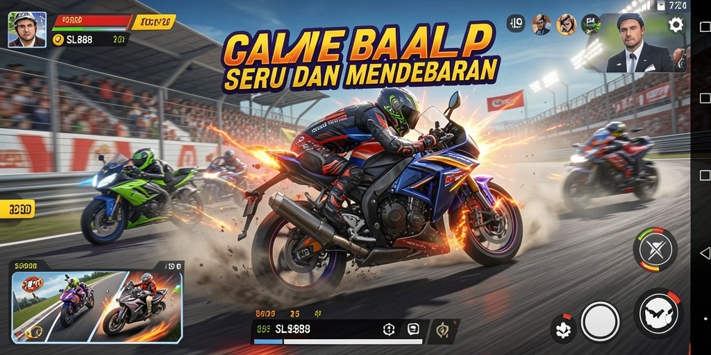 Tangkapan layar gameplay SL888 yang menunjukkan aksi balap motor yang mendebarkan.