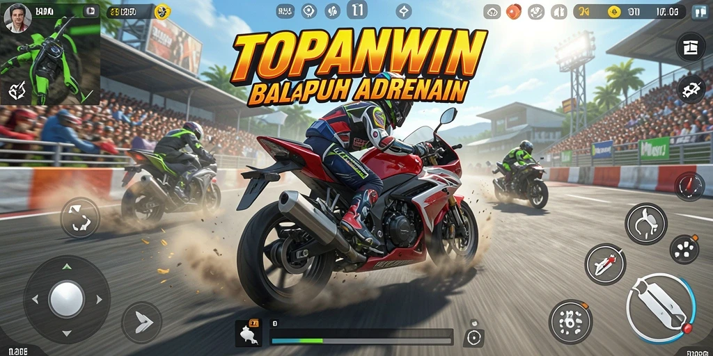 Screenshot gameplay TOPANWIN yang menampilkan balapan motor yang mendebarkan.